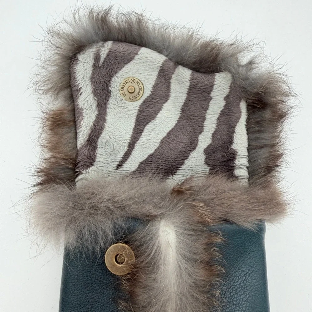 Navy‎ Leather Edelweiss Fur Trim Pouch Phone Case Glasses Sleeve Navy Blue